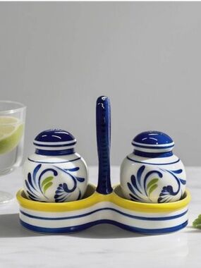 MUCHOISE NWT 3pc Ceramic Salt & Pepper Shaker with Holder -White/Blue